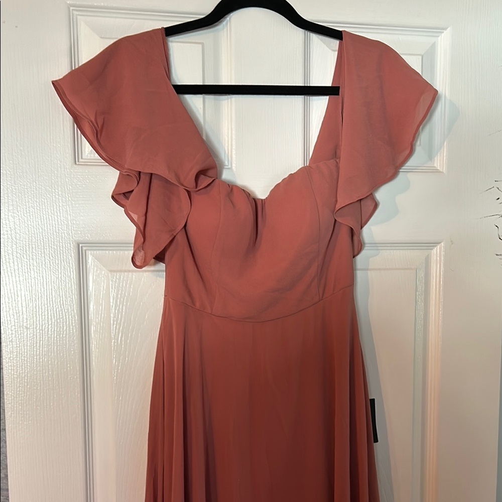 Elegant Rust Ruffle Sleeve Dress